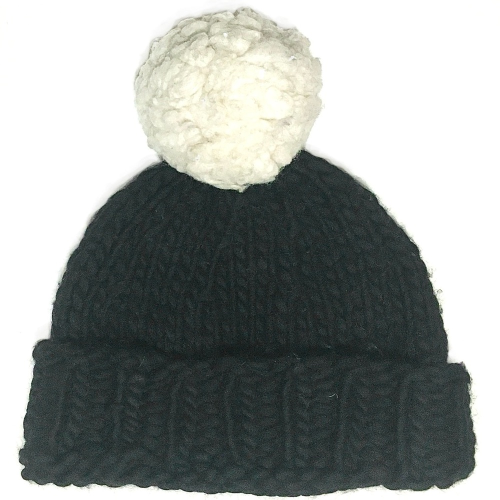 Wool And The Gang Hand Knit Hat Chunky Wool Beanie Black White Pom Pom Cap Peru